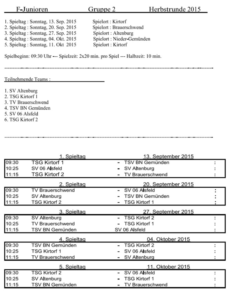 Spielplan F-Junioren Gruppe 2 Herbstrunde 2016